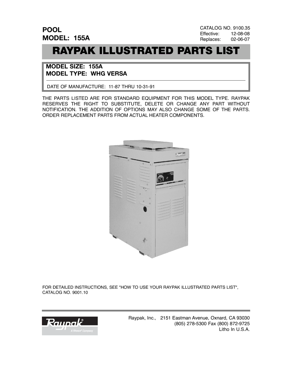 Raypak 155A manual Raypak Illustrated Parts List 