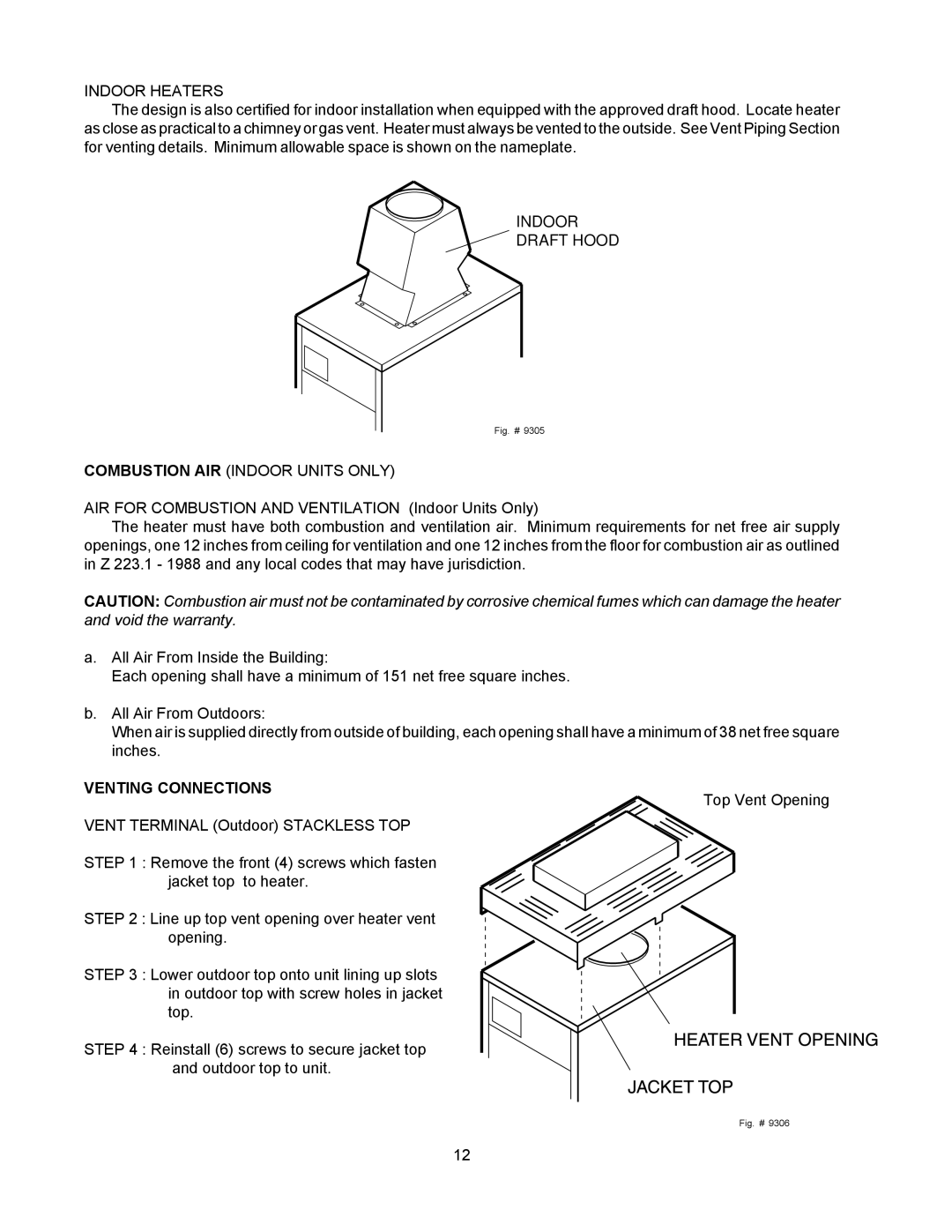 Raypak 155C installation instructions Indoor Heaters, Combustion AIR Indoor Units only, Venting Connections 