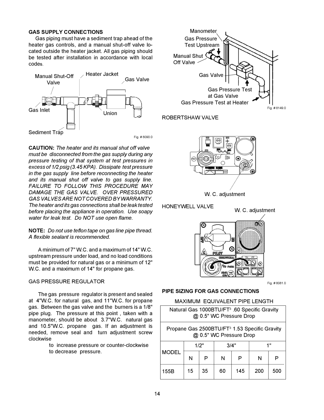 Raypak 155C installation instructions GAS Supply Connections, Pipe Sizing for GAS Connections 