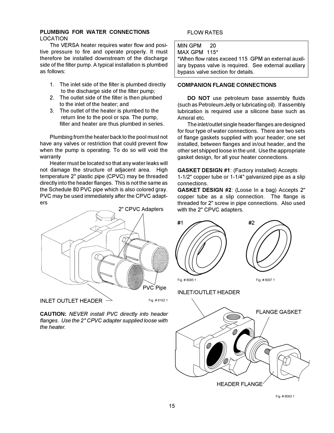 Raypak 155C installation instructions Plumbing for Water Connections Location, Companion Flange Connections 