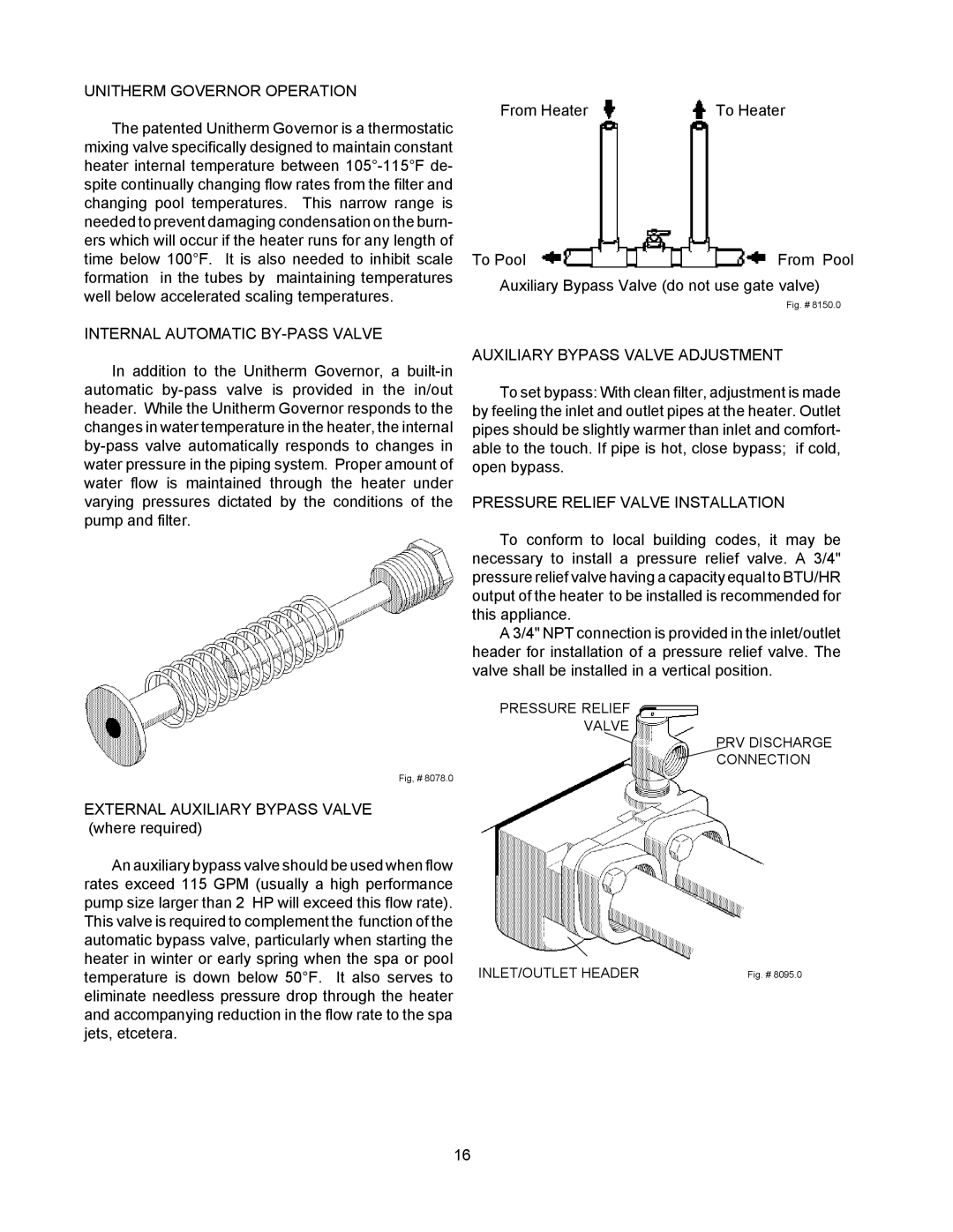 Raypak 155C Unitherm Governor Operation, Internal Automatic BY-PASS Valve, Auxiliary Bypass Valve Adjustment 