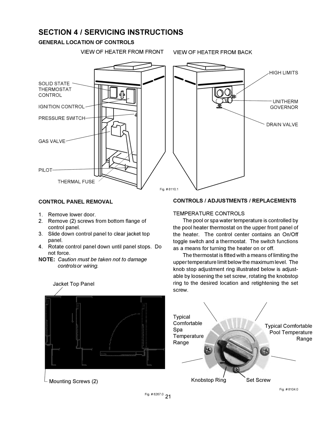 Raypak 155C General Location of Controls, View of Heater from Front View of Heater from Back, Control Panel Removal 