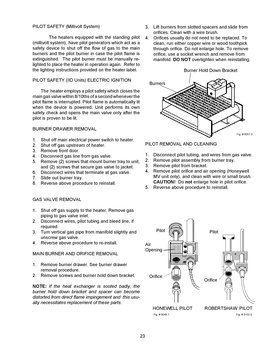 Raypak 155C Burner Drawer Removal, GAS Valve Removal, Main Burner and Orifice Removal, Pilot Removal and Cleaning 