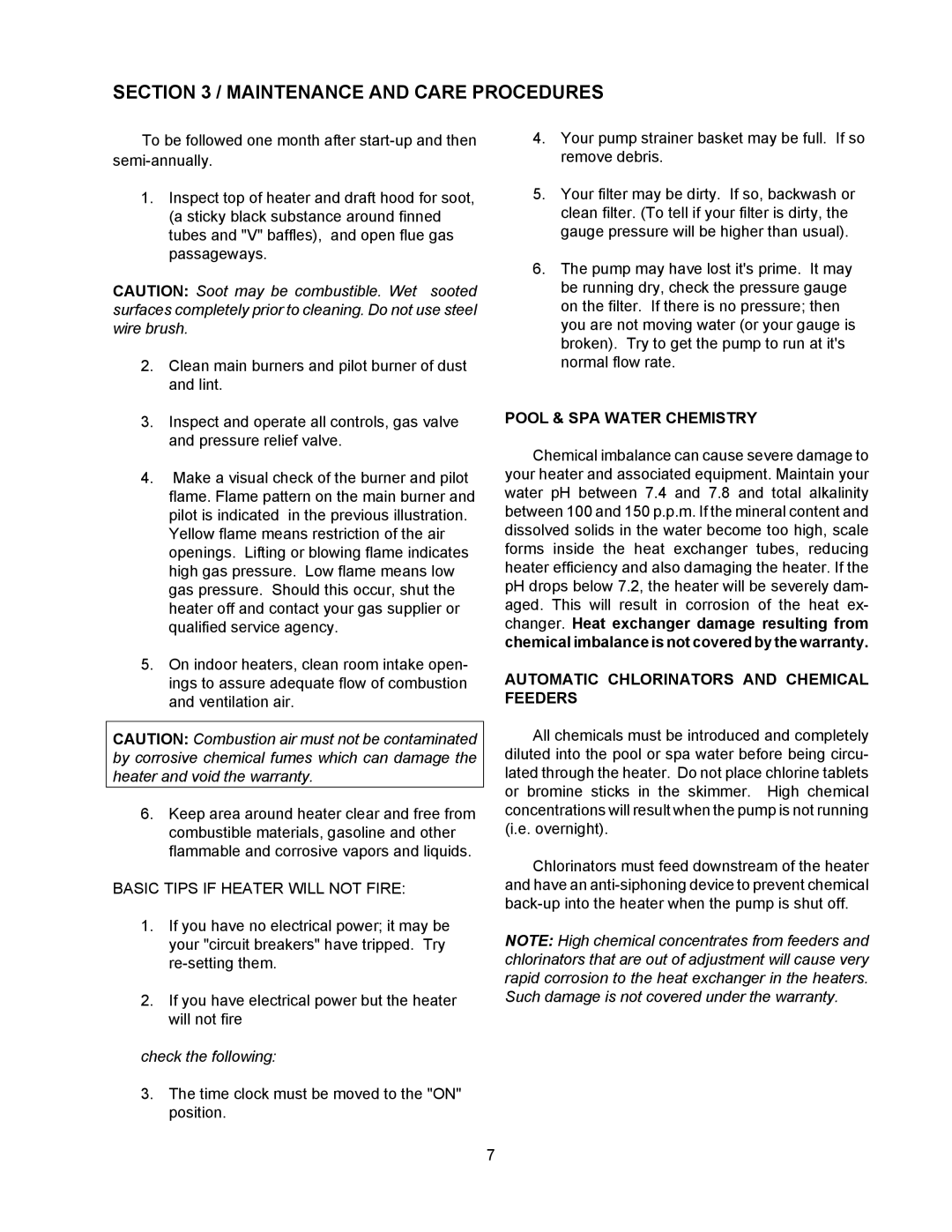 Raypak 155C Maintenance and Care Procedures, Basic Tips if Heater will not Fire, Pool & SPA Water Chemistry 