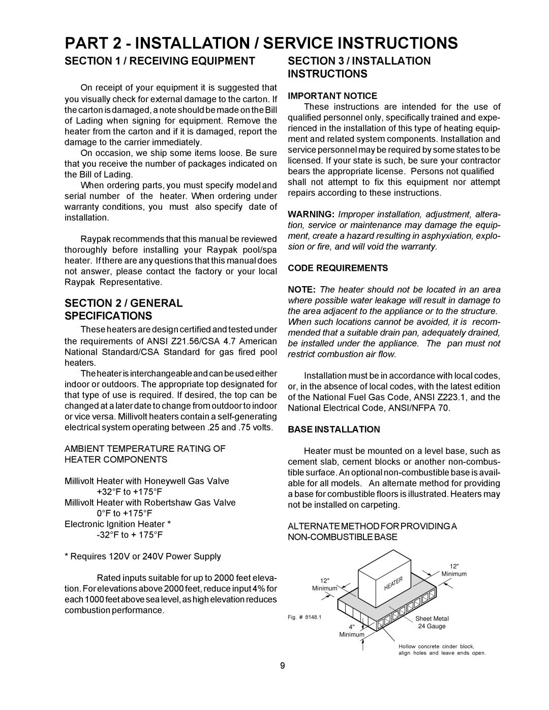 Raypak 155C installation instructions Receiving Equipment, General Specifications, Installation Instructions 