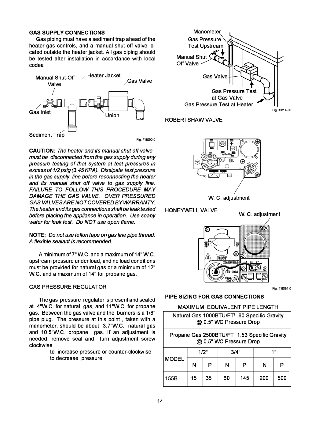 Raypak 155C installation instructions Gas Supply Connections, Pipe Sizing For Gas Connections 