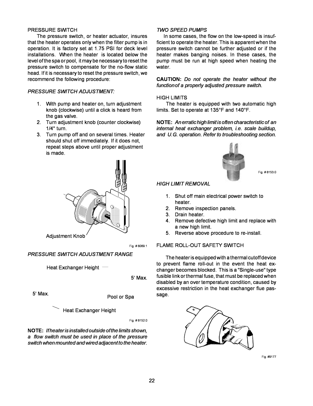 Raypak 155C Two Speed Pumps, Pressure Switch Adjustment Range, NOTE If heater is installed outside of the limits shown 