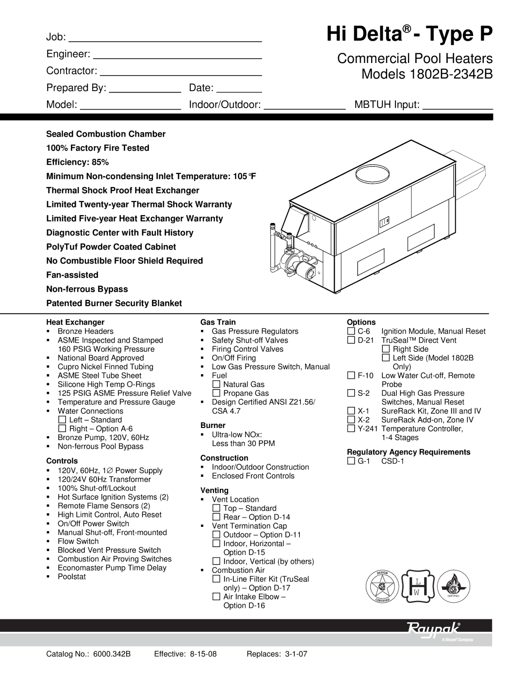 Raypak 1802B-2342B warranty Heat Exchanger, Controls, Gas Train Options, Burner, Venting 