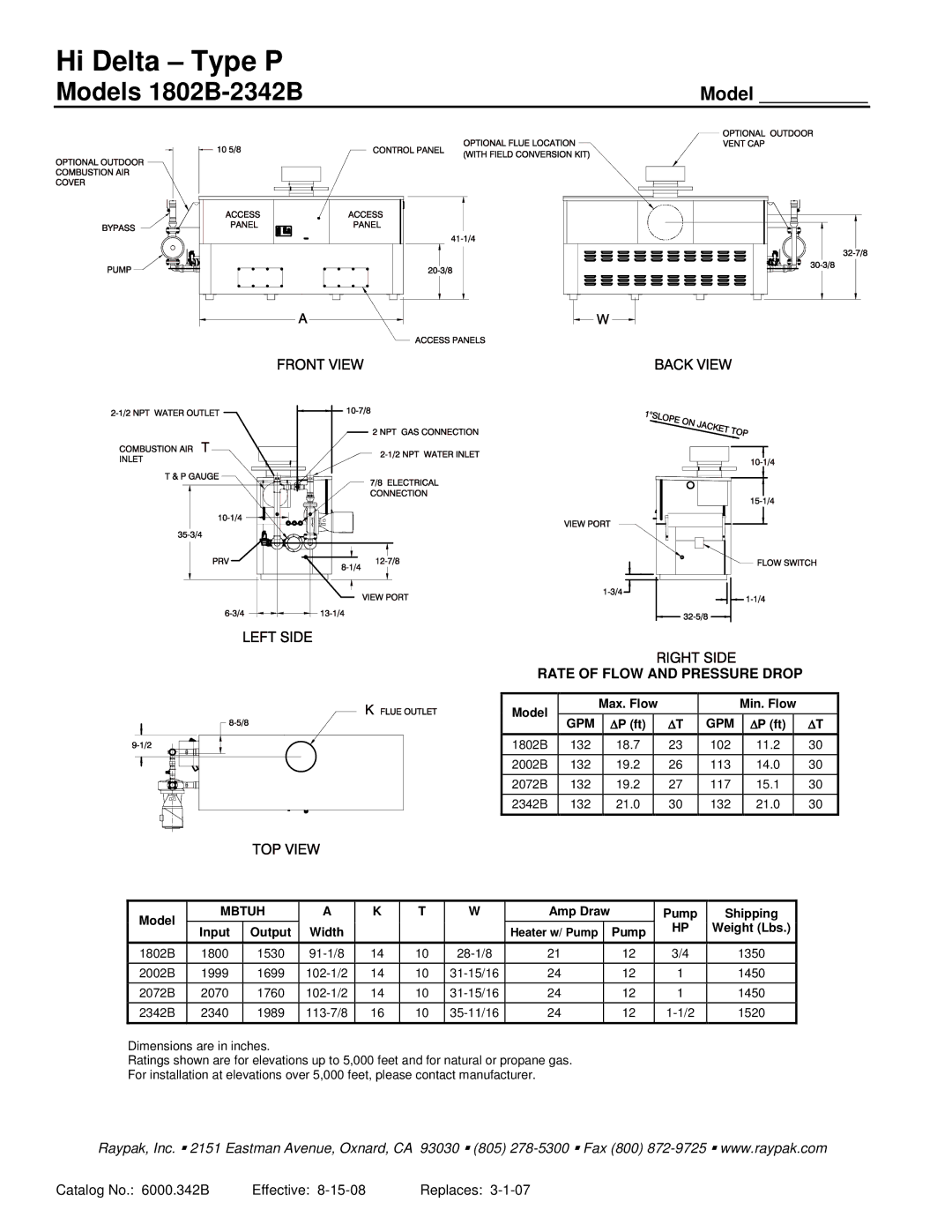 Raypak 1802B-2342B warranty Hi Delta Type P 