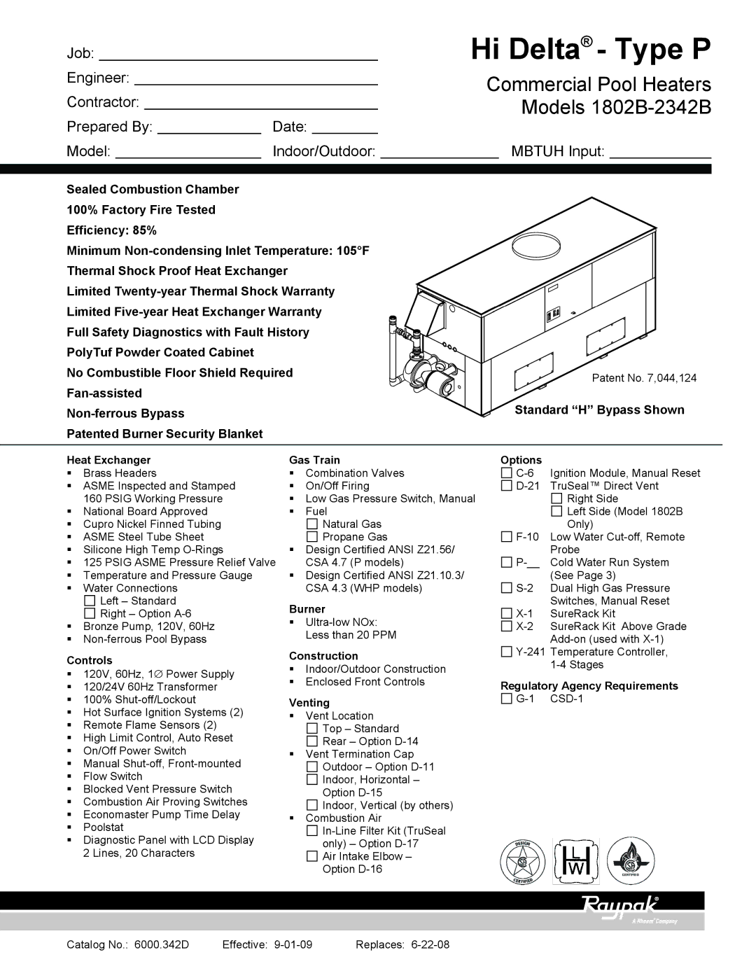 Raypak 1802B warranty Heat Exchanger, Controls, Gas Train, Burner, Construction, Venting, Options 