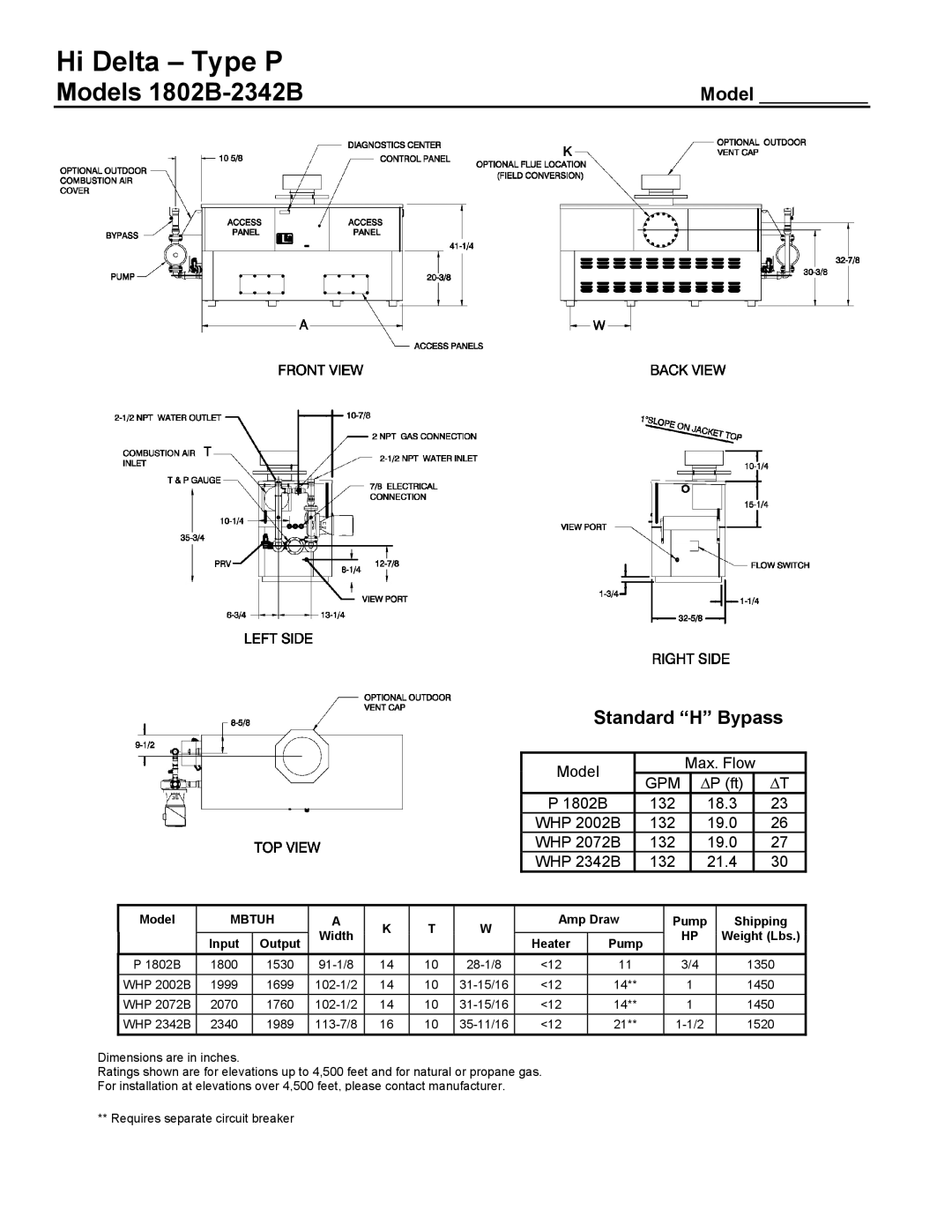 Raypak 1802B warranty Model Standard H Bypass, Amp Draw, Input, Pump 