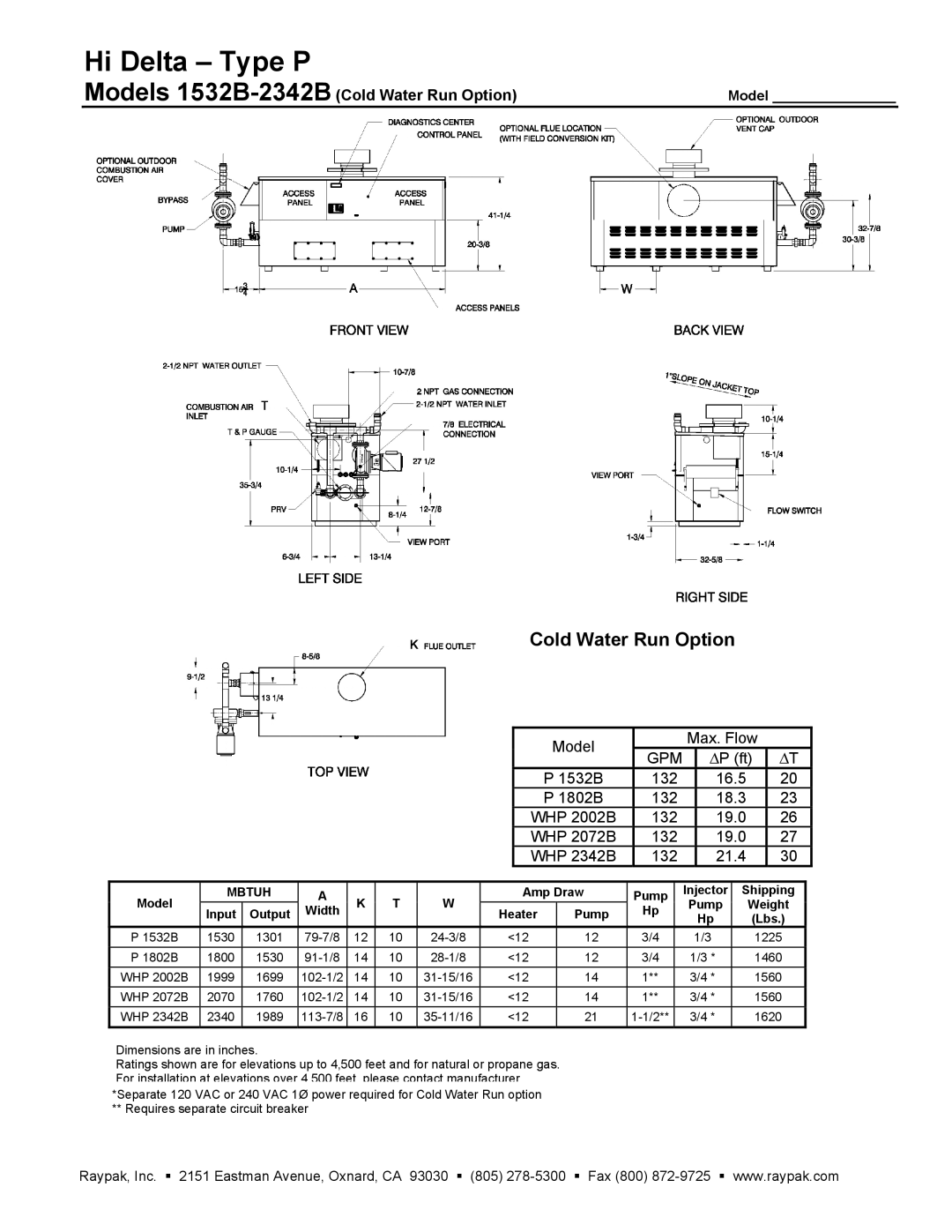 Raypak 1802B warranty Cold Water Run Option, Model, Amp Draw Pump, Width, Pump Weight 