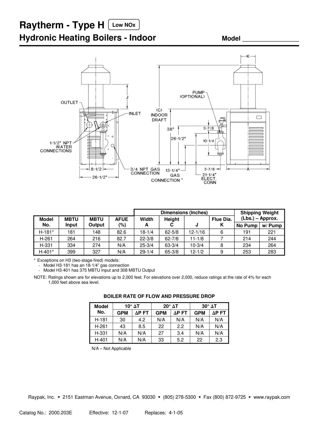 Raypak 181-401 warranty Dimensions Inches Shipping Weight Model, Width Height Flue Dia Lbs. Approx Input Output No Pump 