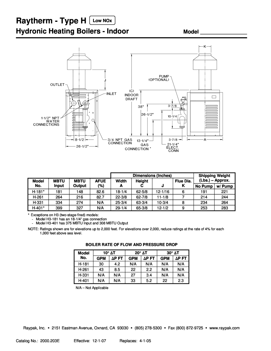 Raypak 181-401 warranty Raytherm - Type H Low NOx, Hydronic Heating Boilers - Indoor, Model 
