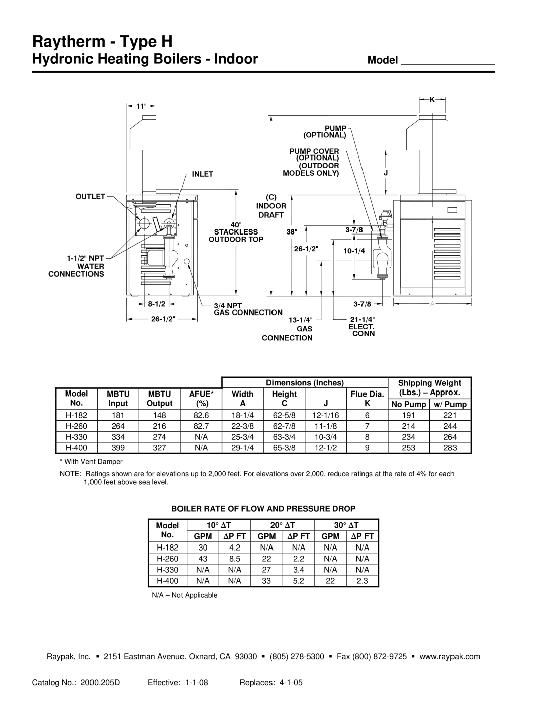 Raypak 182-400 warranty Dimensions Inches Shipping Weight Model, Width Height Flue Dia Lbs. Approx Input Output No Pump 