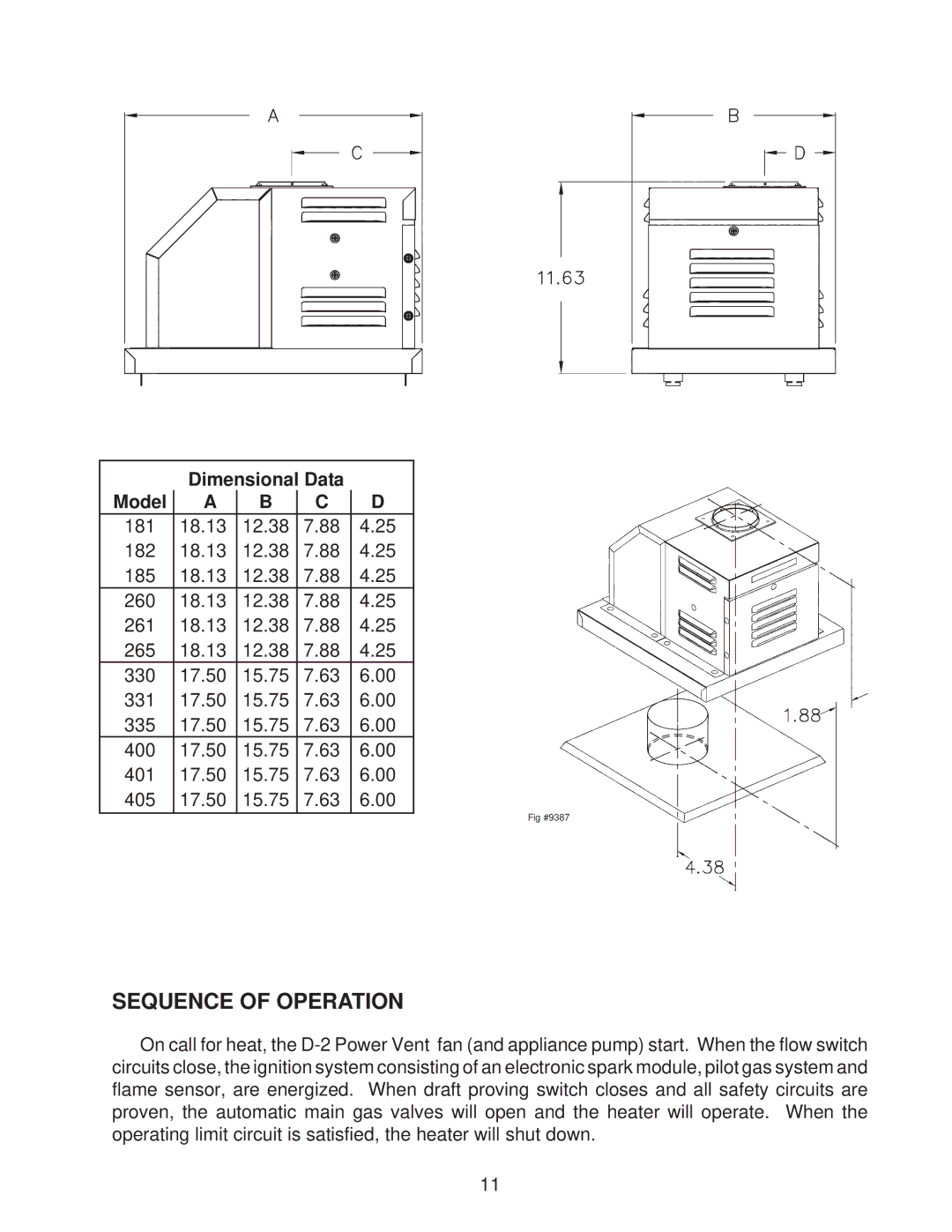 Raypak 265, 185, 335, 405 installation instructions Sequence of Operation, Dimensional Data Model 