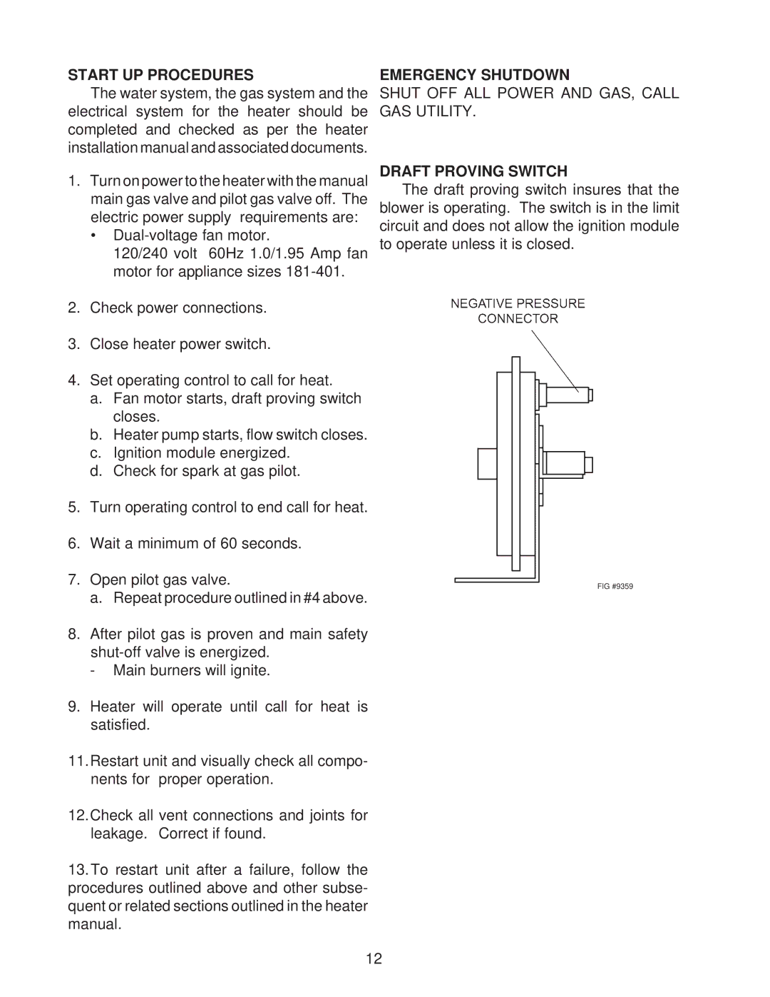 Raypak 185, 335, 405, 265 installation instructions Start UP Procedures, Emergency Shutdown, Draft Proving Switch 