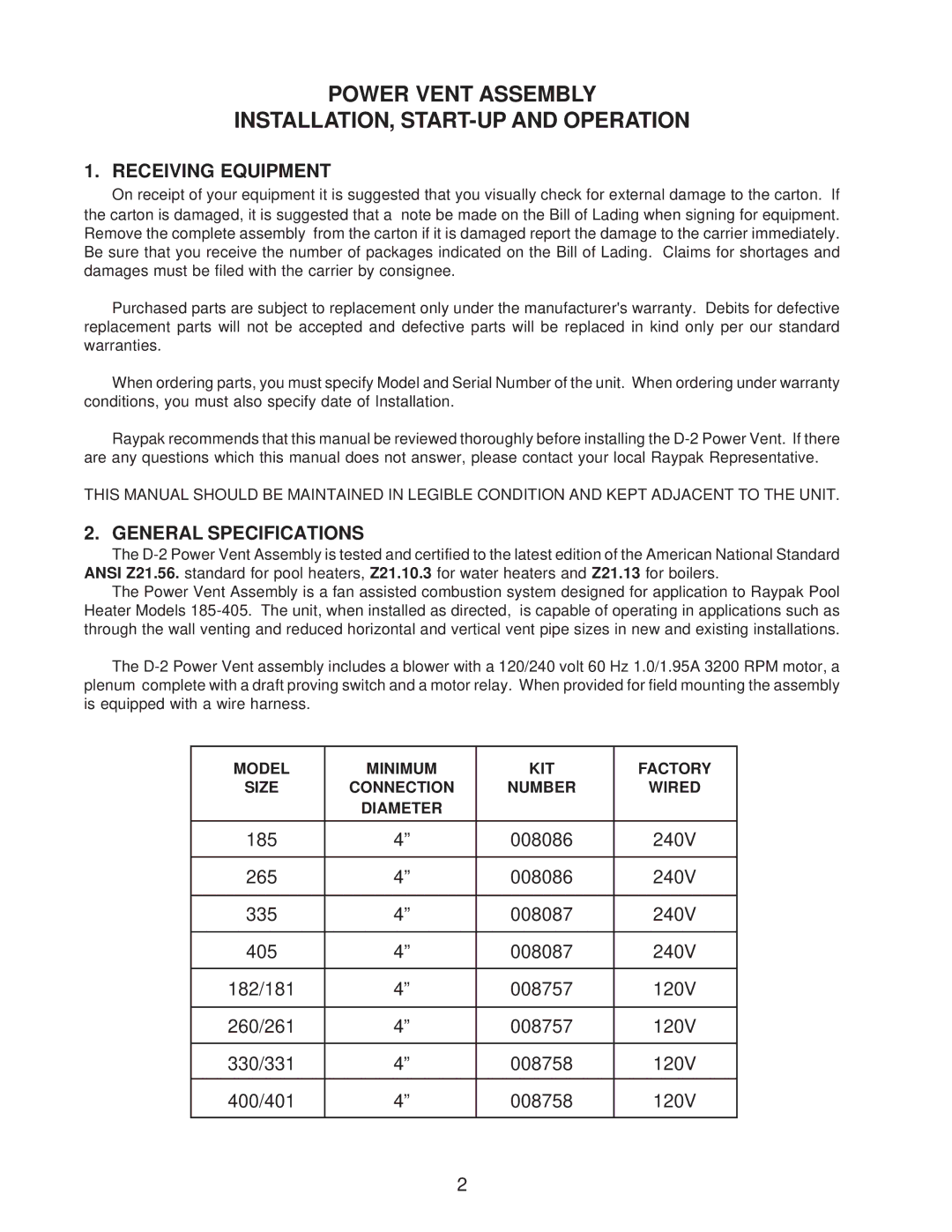 Raypak 405, 185, 335 Power Vent Assembly INSTALLATION, START-UP and Operation, Receiving Equipment, General Specifications 