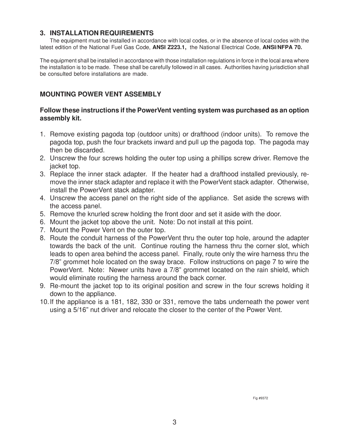 Raypak 265, 185, 335, 405 installation instructions Installation Requirements, Mounting Power Vent Assembly 