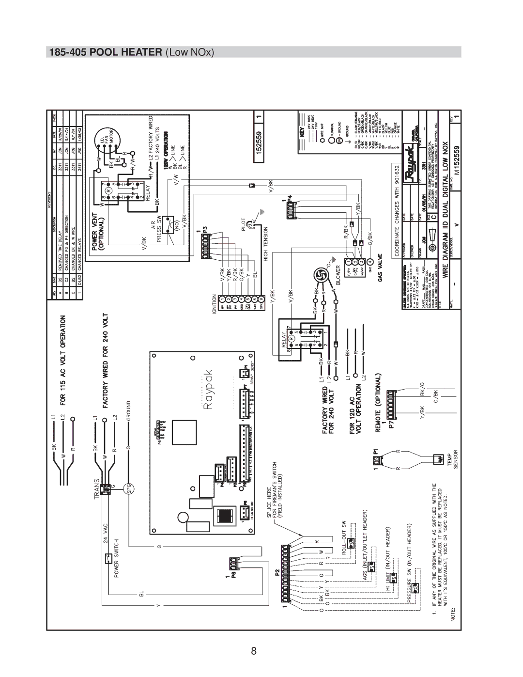 Raypak 185, 335, 405, 265 installation instructions Pool Heater Low NOx 