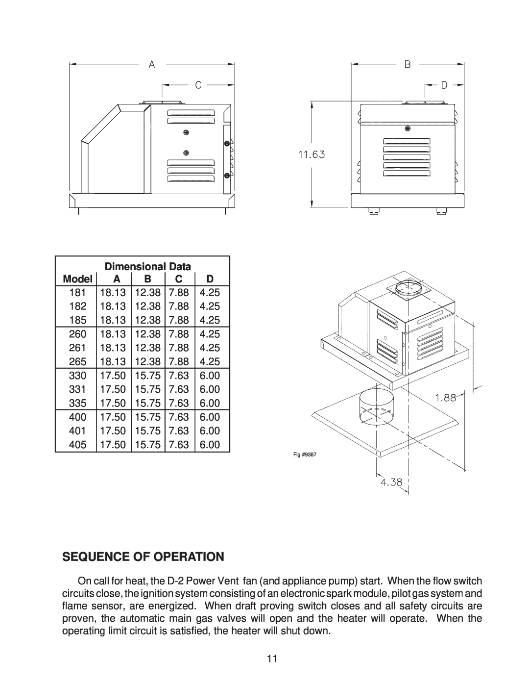 Raypak 265, 185, 335, 405 installation instructions Sequence Of Operation, Dimensional Data, Model 