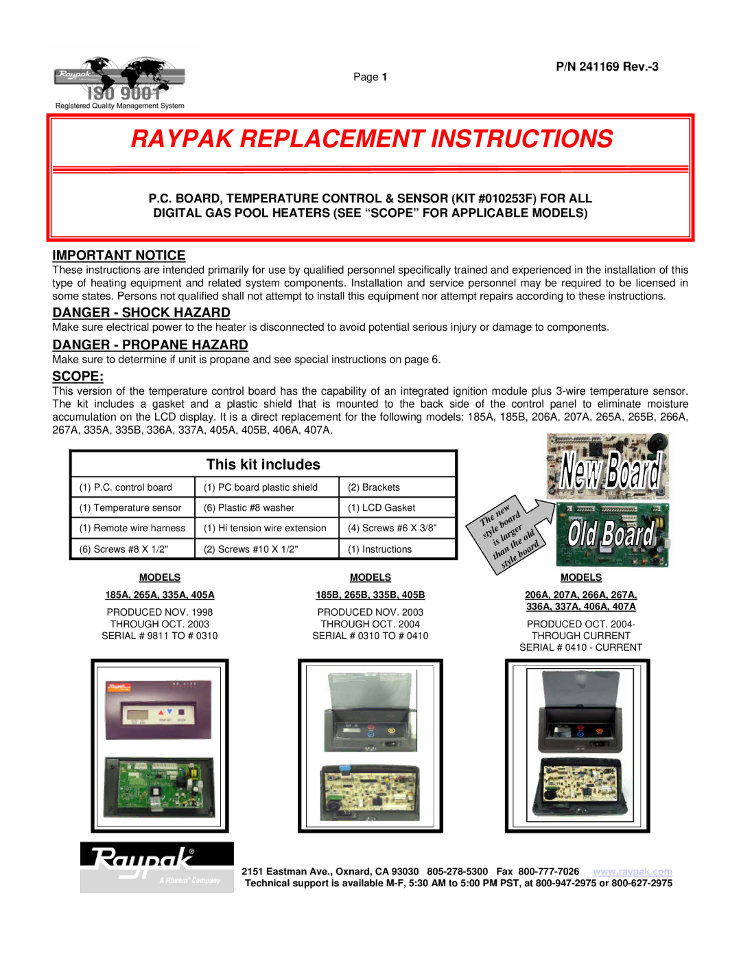 Raypak 185A manual Raypak Replacement Instructions 