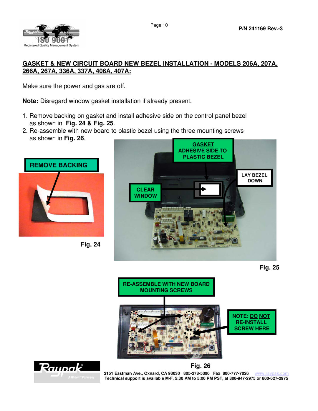 Raypak 185A manual Gasket Adhesive Side to Plastic Bezel 