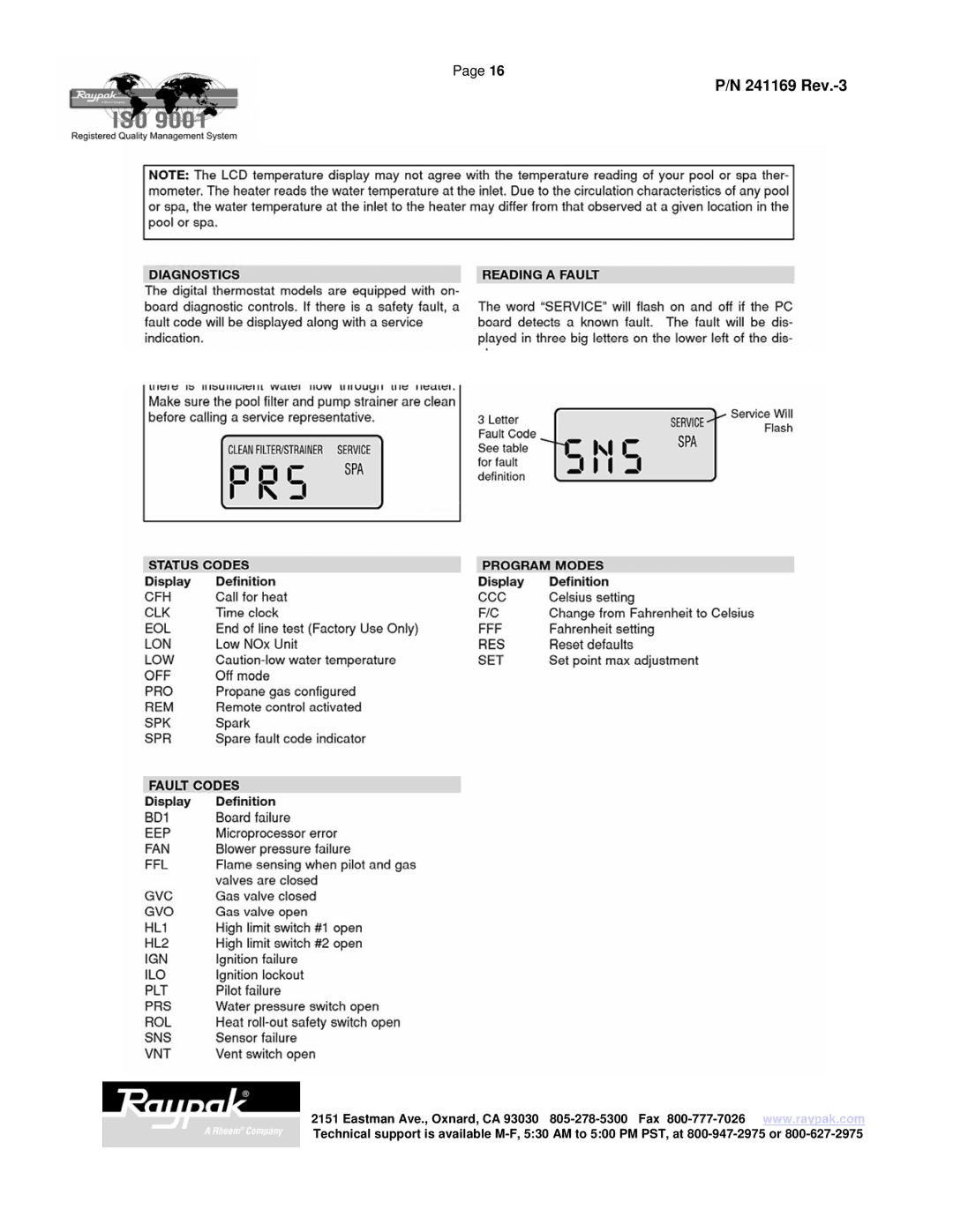 Raypak 185A manual 241169 Rev.-3 