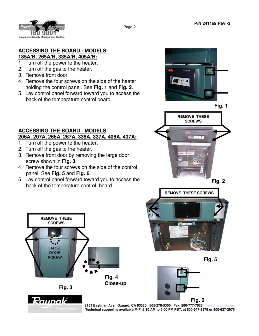 Raypak 185A manual 206A, 207A, 266A, 267A, 336A, 337A, 406A, 407A, Close-up 