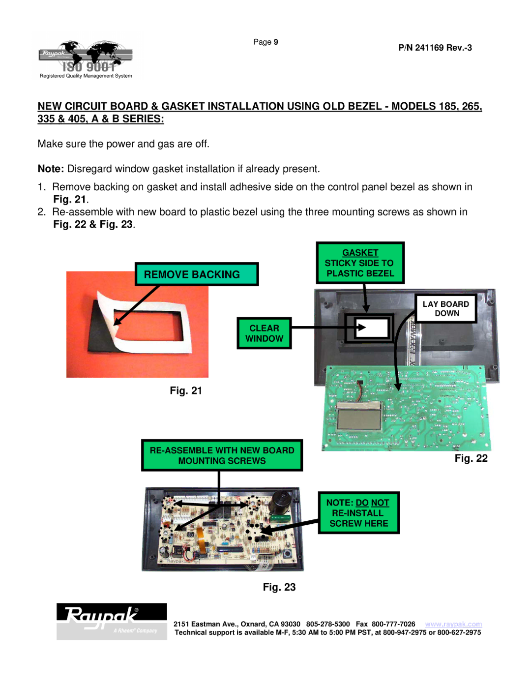 Raypak 185A manual 335 & 405, a & B Series, Remove Backing 