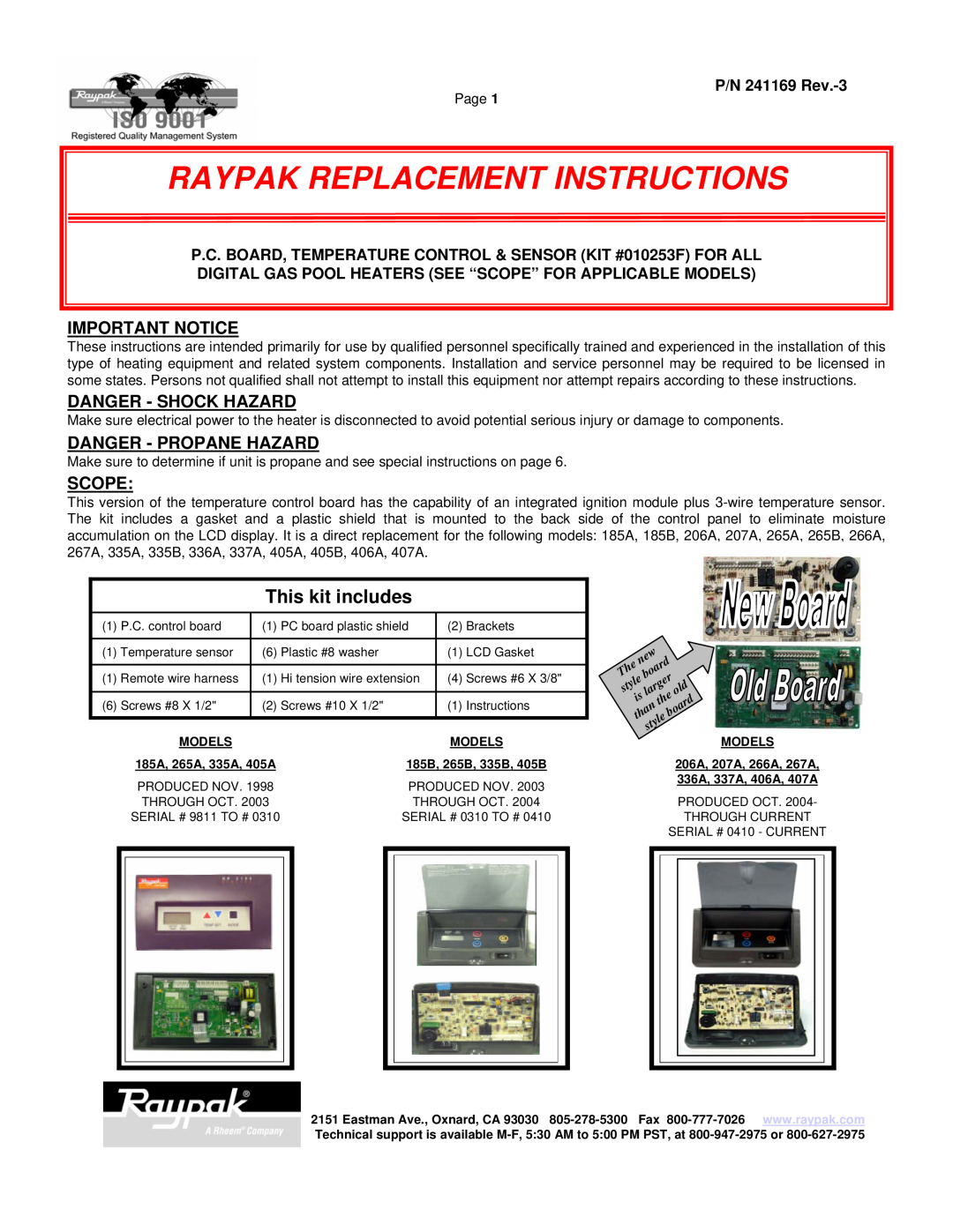 Raypak 185A manual Raypak Replacement Instructions, This kit includes, Important Notice, Danger - Shock Hazard, Scope 