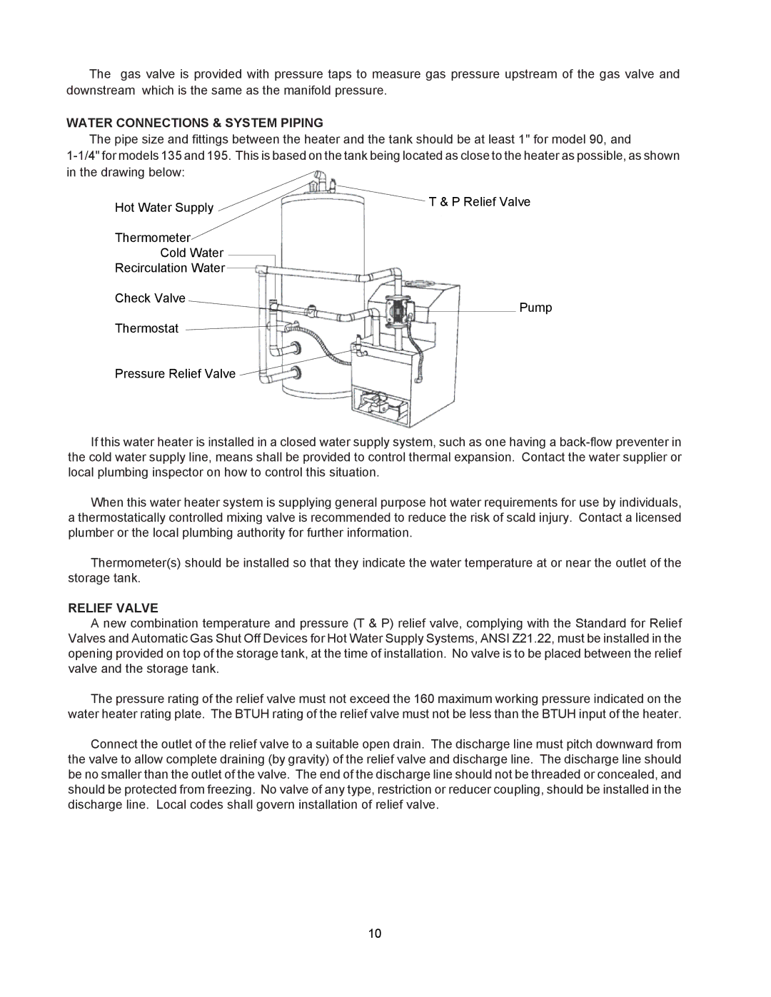 Raypak 135A, 195A, 090A manual Water Connections & System Piping, Relief Valve 