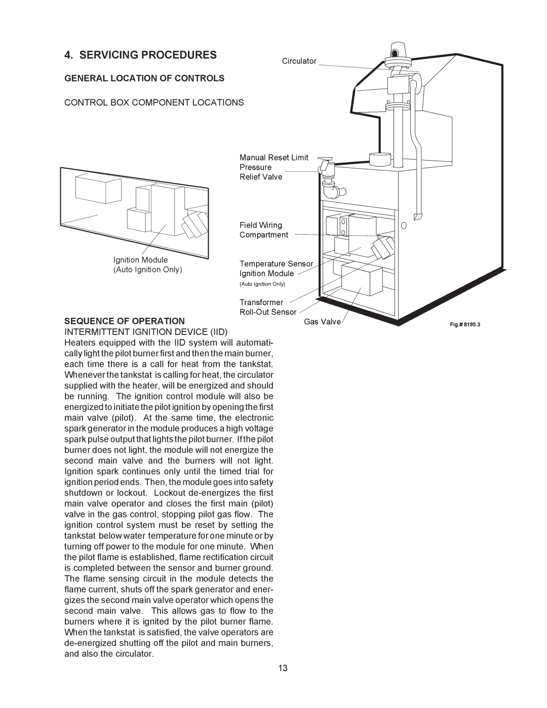 Raypak 135A, 195A, 090A manual Servicing Procedures, General Location of Controls, Sequence of Operation 