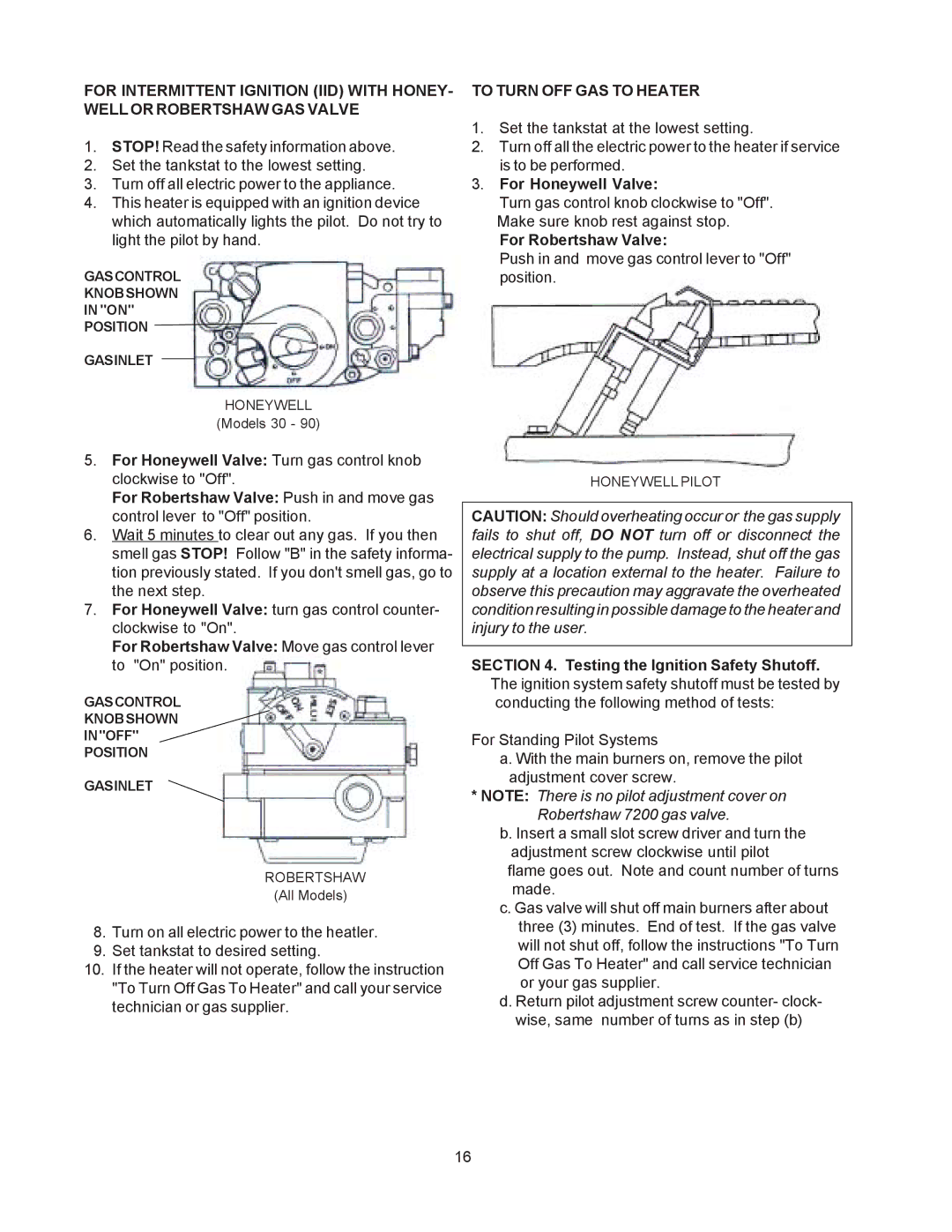 Raypak 135A, 195A, 090A manual To Turn OFF GAS to Heater, For Honeywell Valve, For Robertshaw Valve 