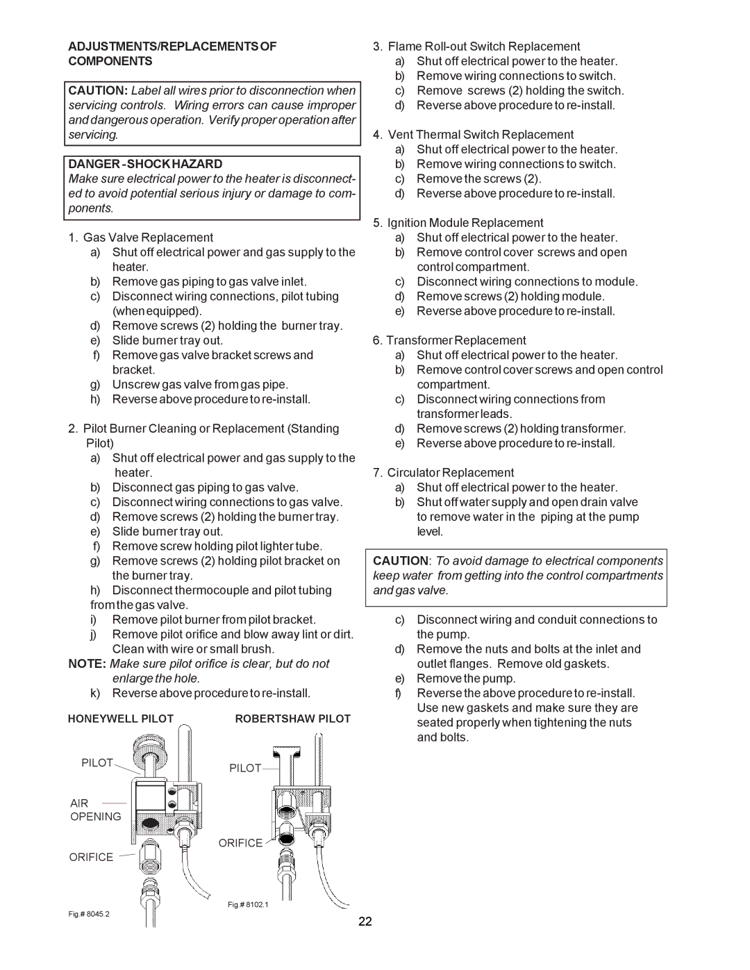 Raypak 135A, 195A, 090A manual ADJUSTMENTS/REPLACEMENTSOF Components, Fig.# 