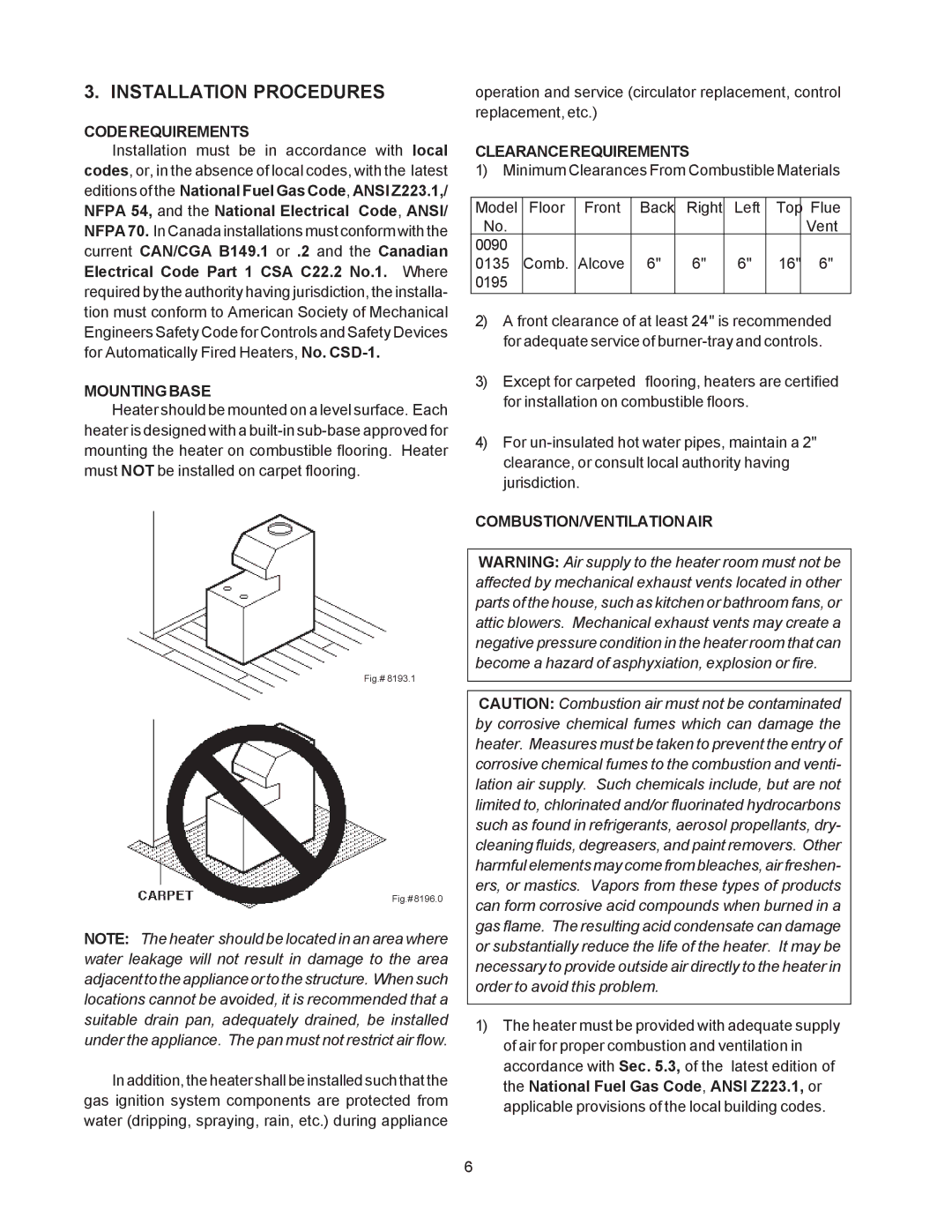 Raypak 195A Installation Procedures, Coderequirements, Mountingbase, Clearancerequirements, Combustion/Ventilation Air 