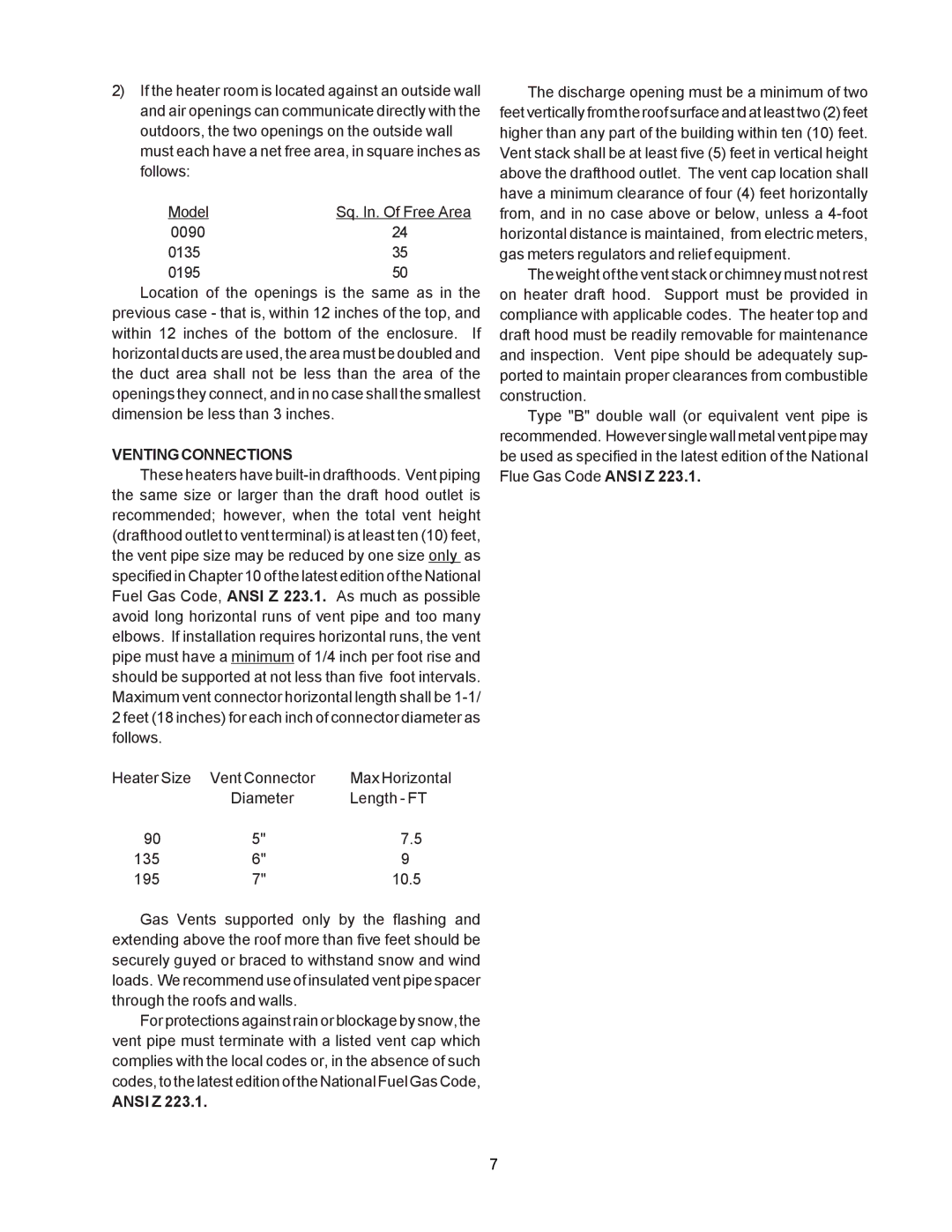 Raypak 135A, 195A, 090A manual Ventingconnections, Ansi Z 