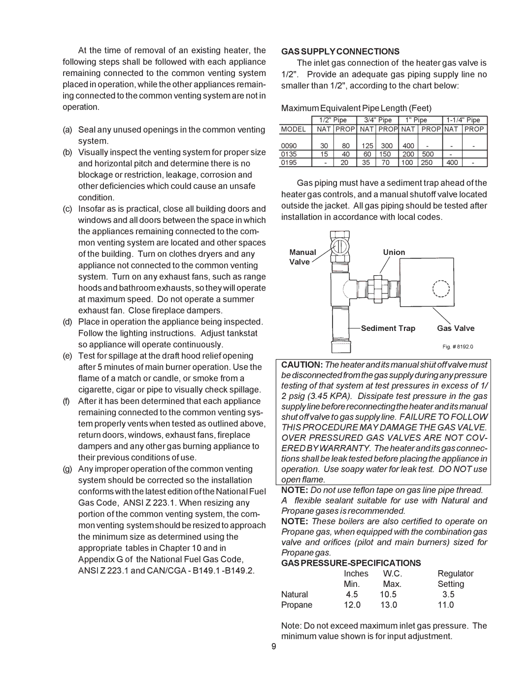 Raypak 195A, 135A, 090A manual GAS Supply Connections, Gaspressure-Specifications 