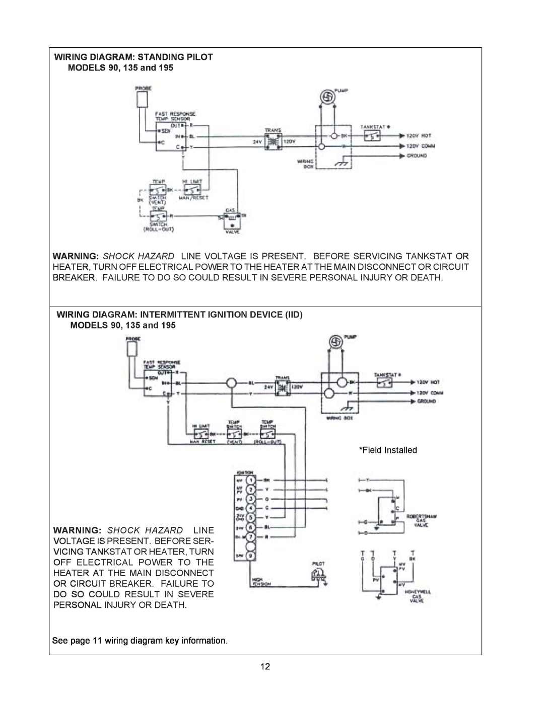 Raypak 195A, 135A, 090A WIRING DIAGRAM STANDING PILOT MODELS 90, 135 and, Wiring Diagram Intermittent Ignition Device Iid 