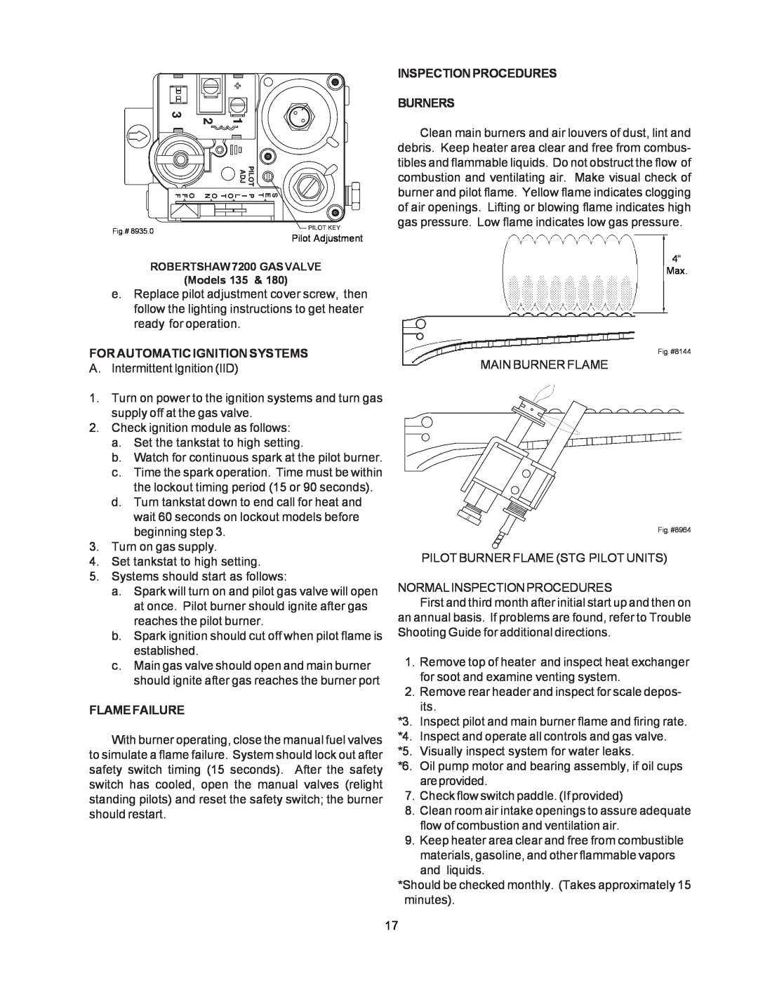 Raypak 090A, 195A, 135A manual For Automatic Ignition Systems, Flamefailure, Inspectionprocedures Burners 