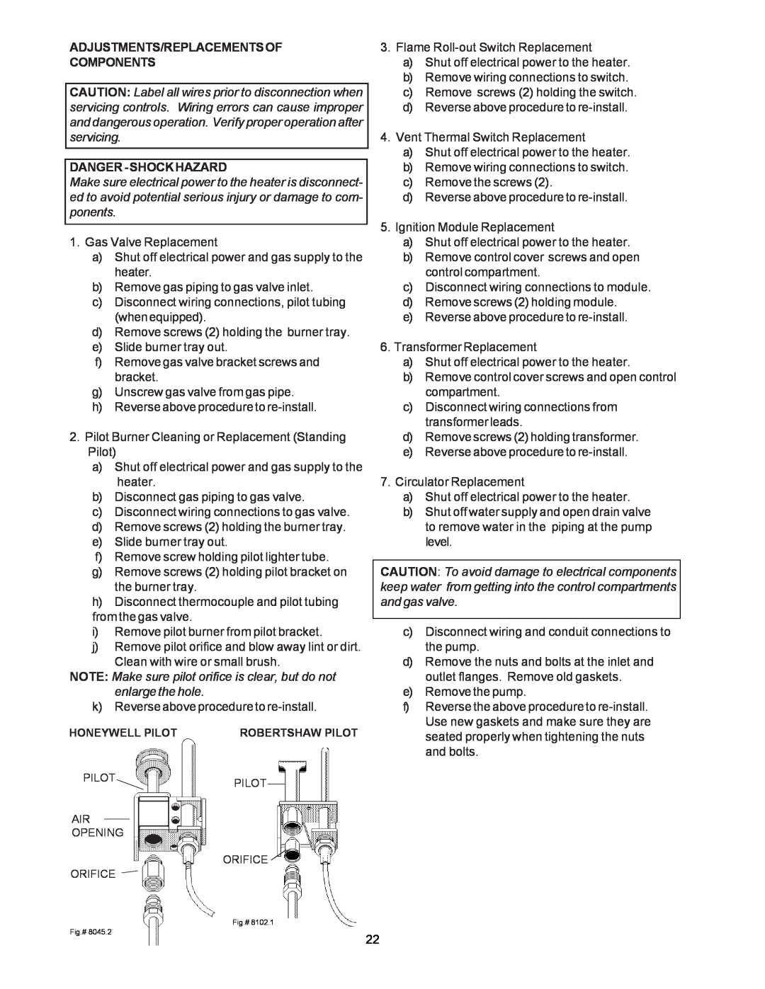 Raypak 135A, 195A, 090A manual Adjustments/Replacementsof Components, Danger-Shockhazard 
