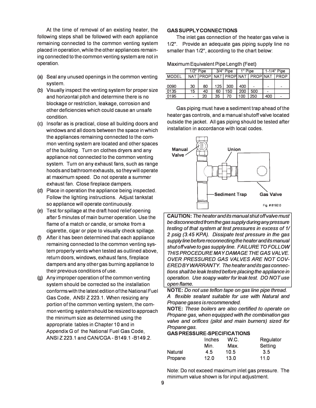 Raypak 195A, 135A, 090A manual Gas Supply Connections, Gaspressure-Specifications 