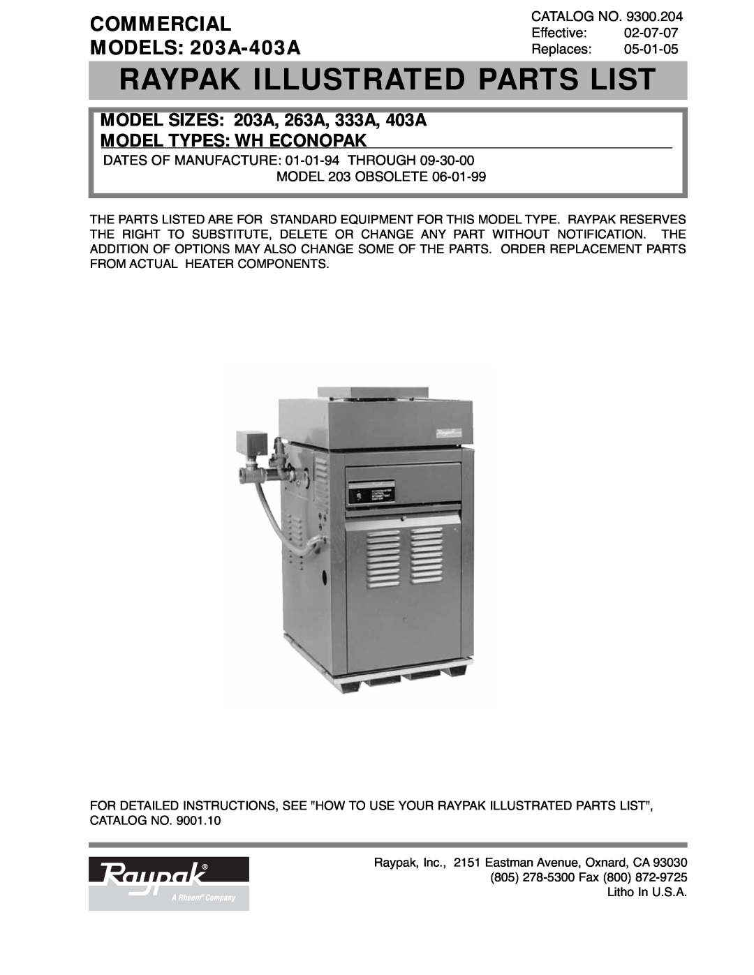 Raypak manual Raypak Illustrated Parts List, COMMERCIAL MODELS 203A-403A, MODEL SIZES 203A, 263A, 333A, 403A 