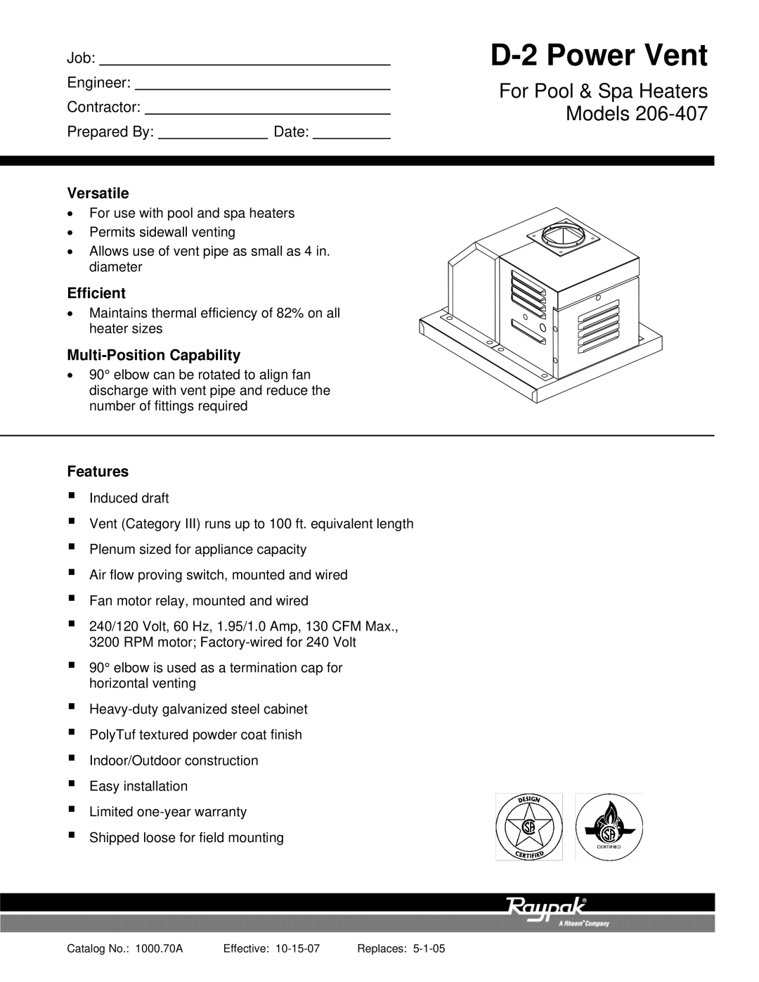 Raypak 206-407 warranty Versatile, Efficient, Multi-Position Capability, Features 