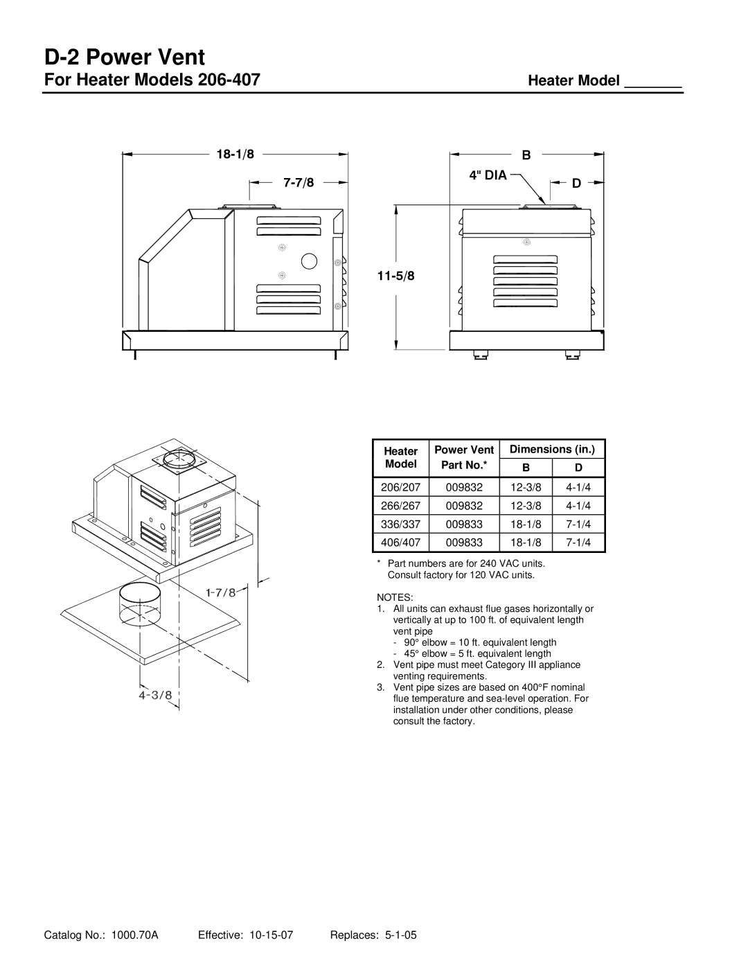 Raypak 206-407 warranty Power Vent, Heater Model 