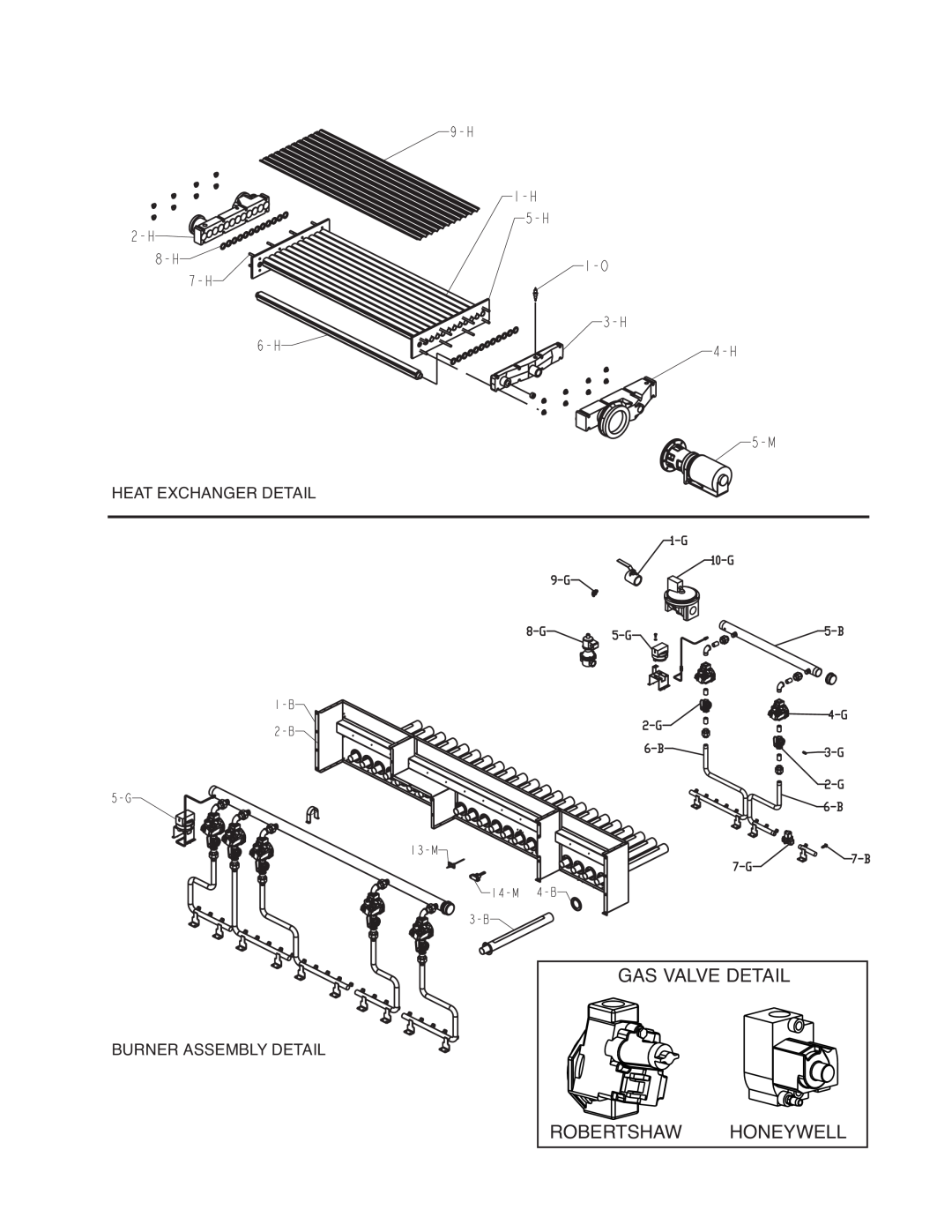 Raypak 2002B, 2072B manual Gas Valve Detail Robertshawhoneywell, Heat Exchanger Detail, Burner Assembly Detail 