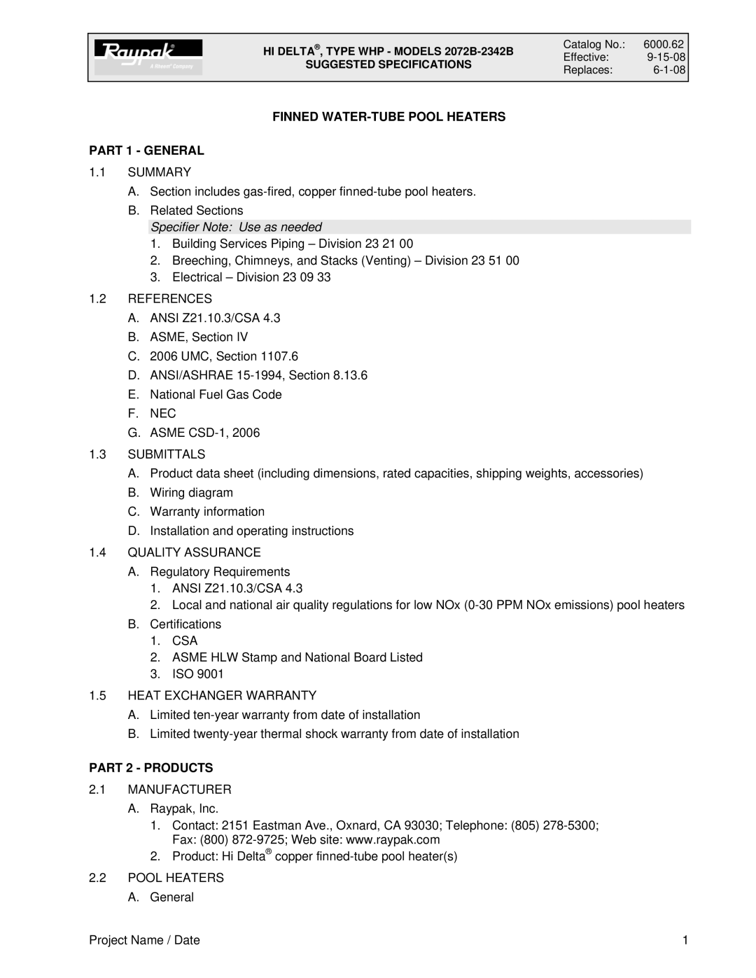 Raypak 2072B-2342B dimensions Finned WATER-TUBE Pool Heaters Part 1 General, Part 2 Products 