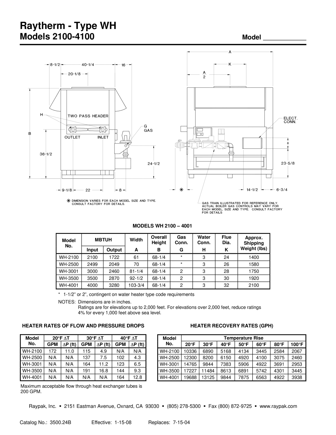 Raypak 2100 - 4001 warranty Raytherm Type WH, Models WH 2100 