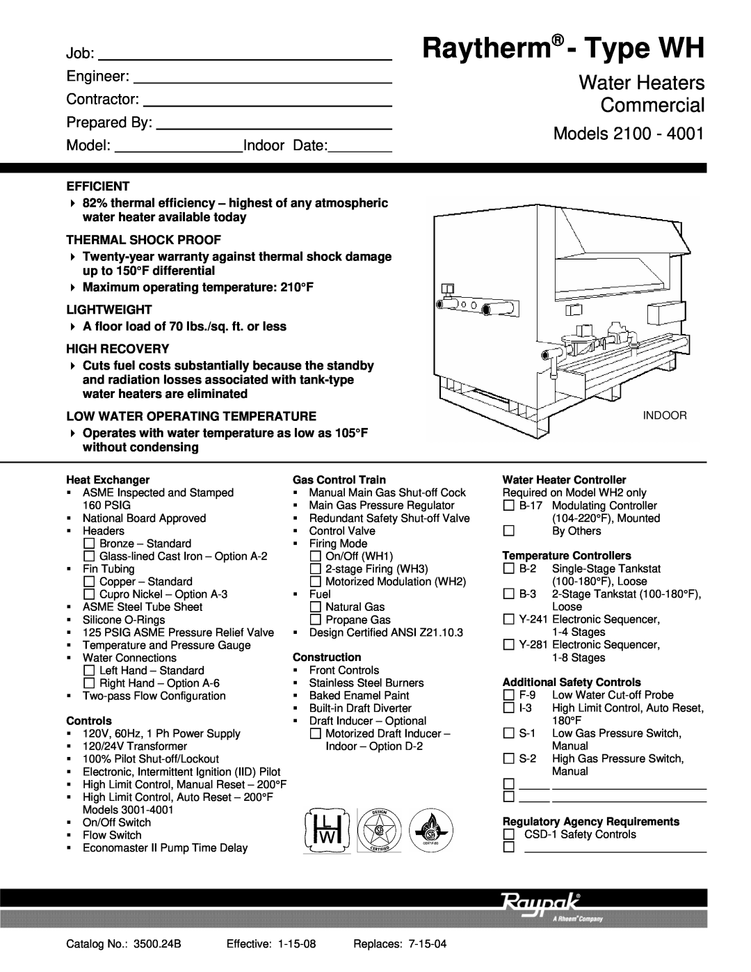 Raypak 2100 - 4001 warranty Raytherm - Type WH, Water Heaters, Commercial, Models, Engineer, Contractor, Prepared By 