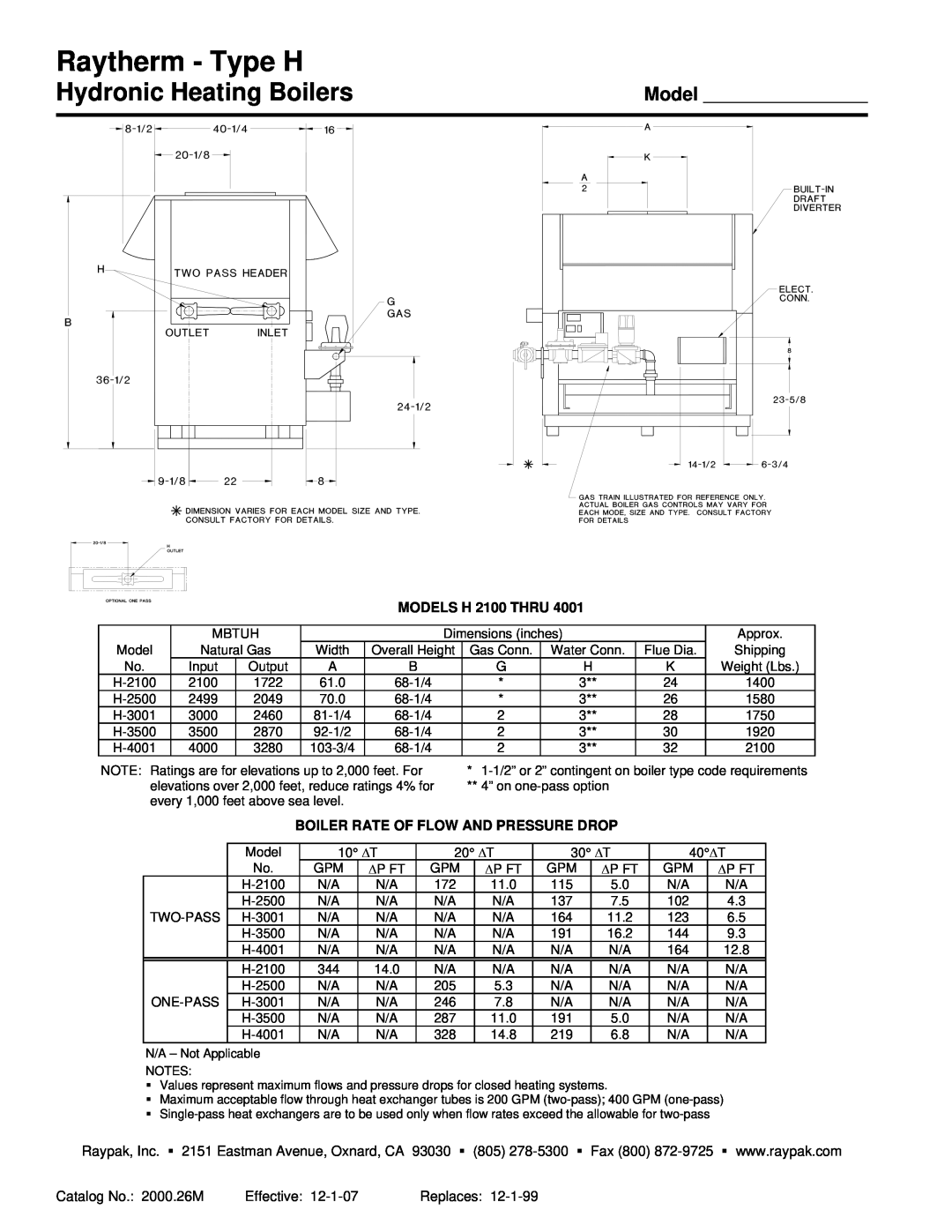 Raypak 2100-4001 warranty Raytherm - Type H, Hydronic Heating Boilers, Model, MODELS H 2100 THRU 